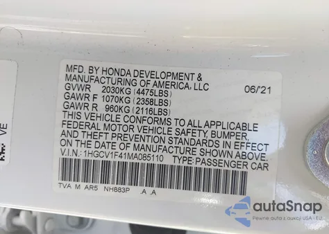 2021 Honda Accord Sport Special Edition из США, поврежденный, VIN 1HGCV1F41MA085110